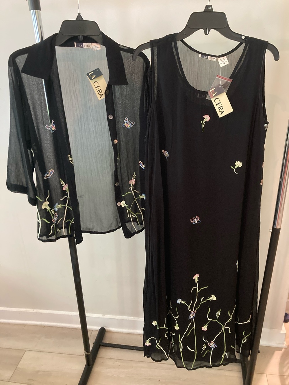 La Cera Black Embroidered Maxi Dress with Sheer Jacket